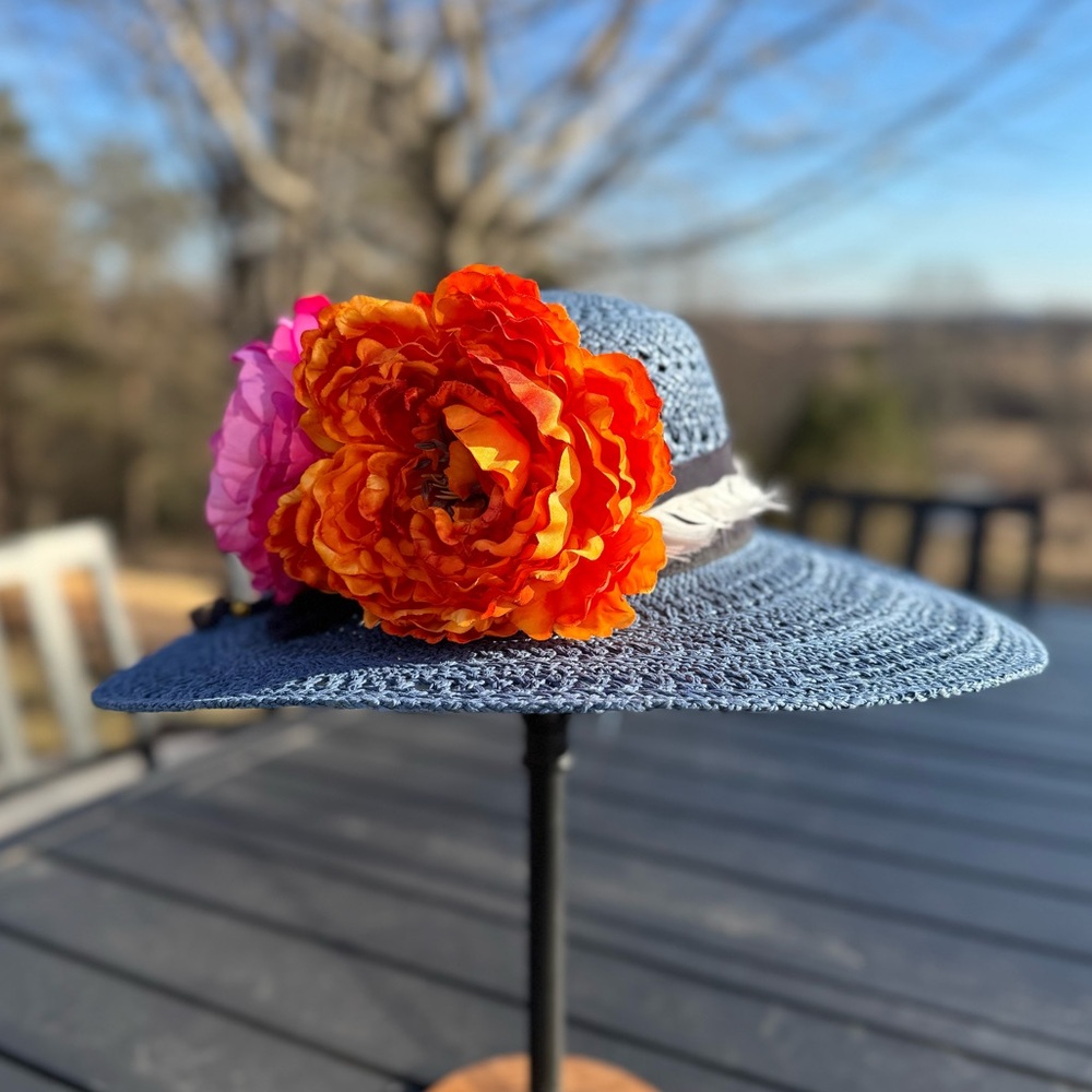 Elegant Blue Summer/Derby Party Hat with feathers & Pink and Orange Flowers - Picture 2 of 5